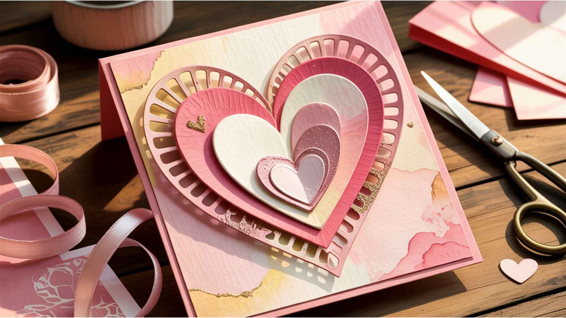 Cute homemade Valentine’s card with stacked hearts in multiple sizes, colors, and textures.