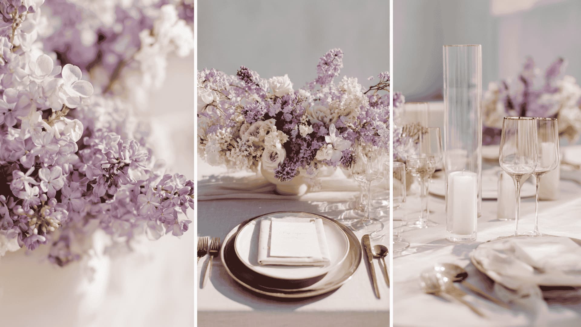 Lilac and gold wedding details with florals, table setting, and champagne display