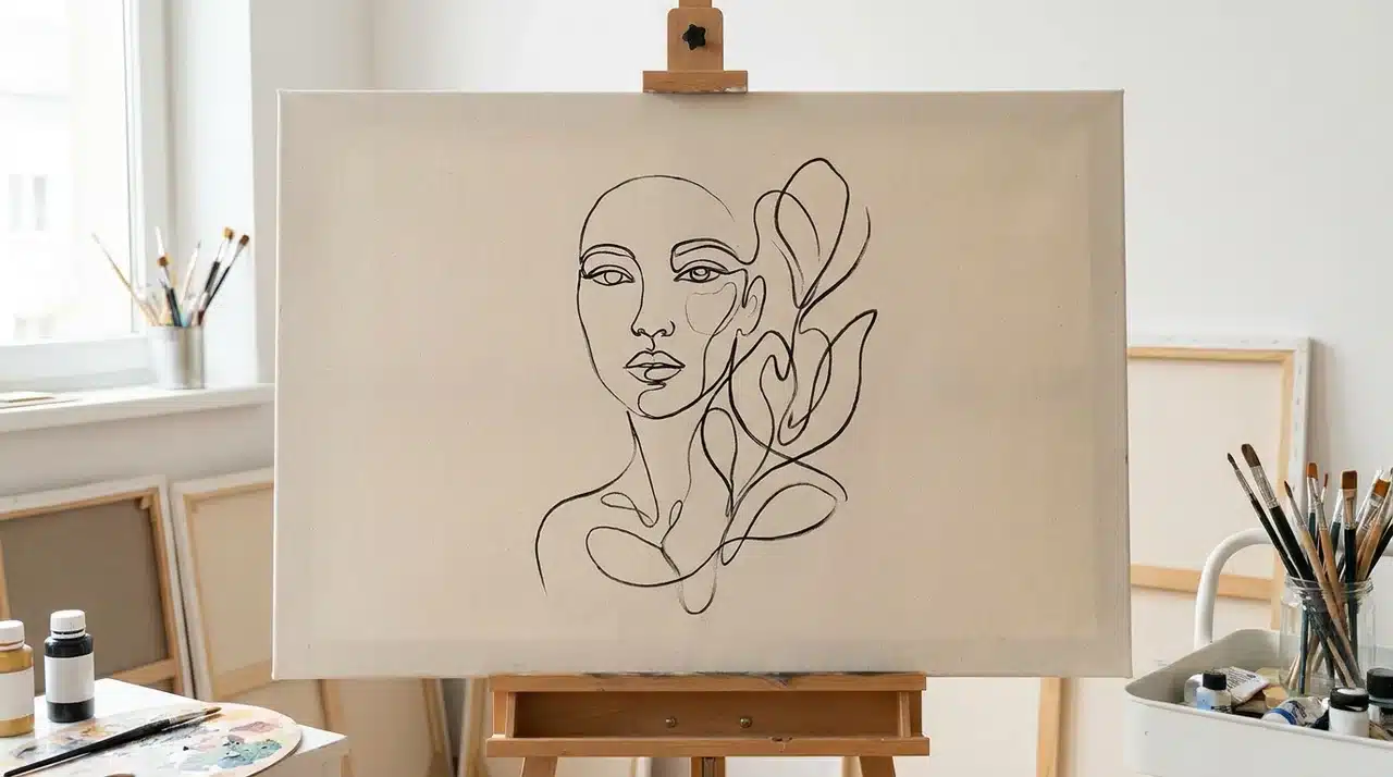 Canvas with a continuous black line drawing of a face, thin brush visible.