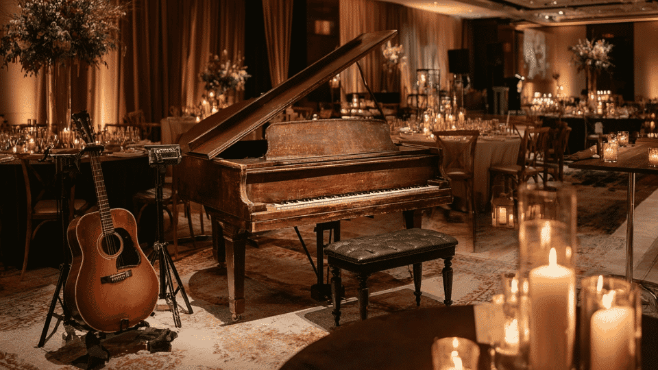 wedding dinner space with live music stage and candlelit reception tables