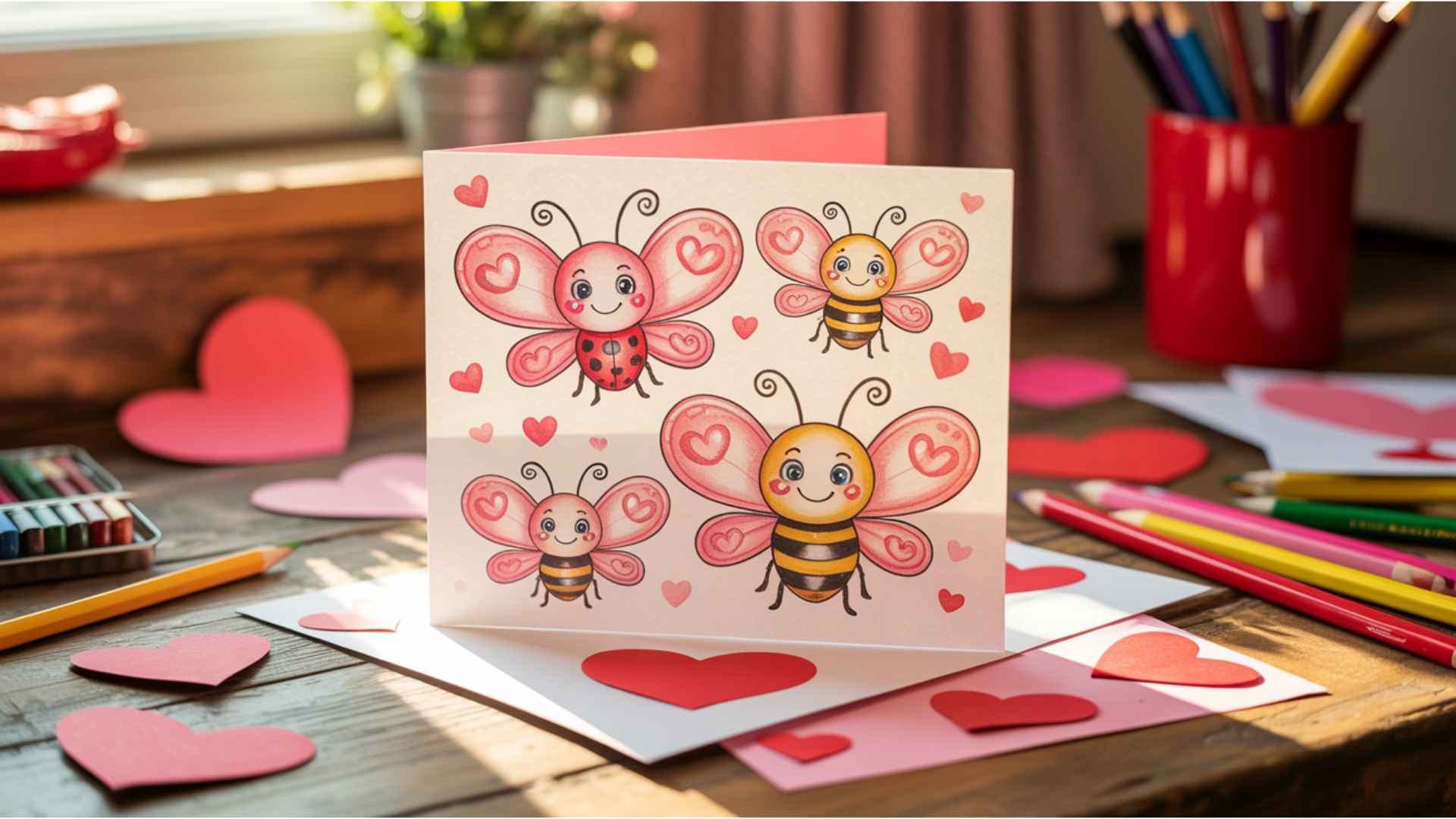 Cute homemade Valentine’s card with hand-drawn heart-shaped winged insects and cheerful expressions.