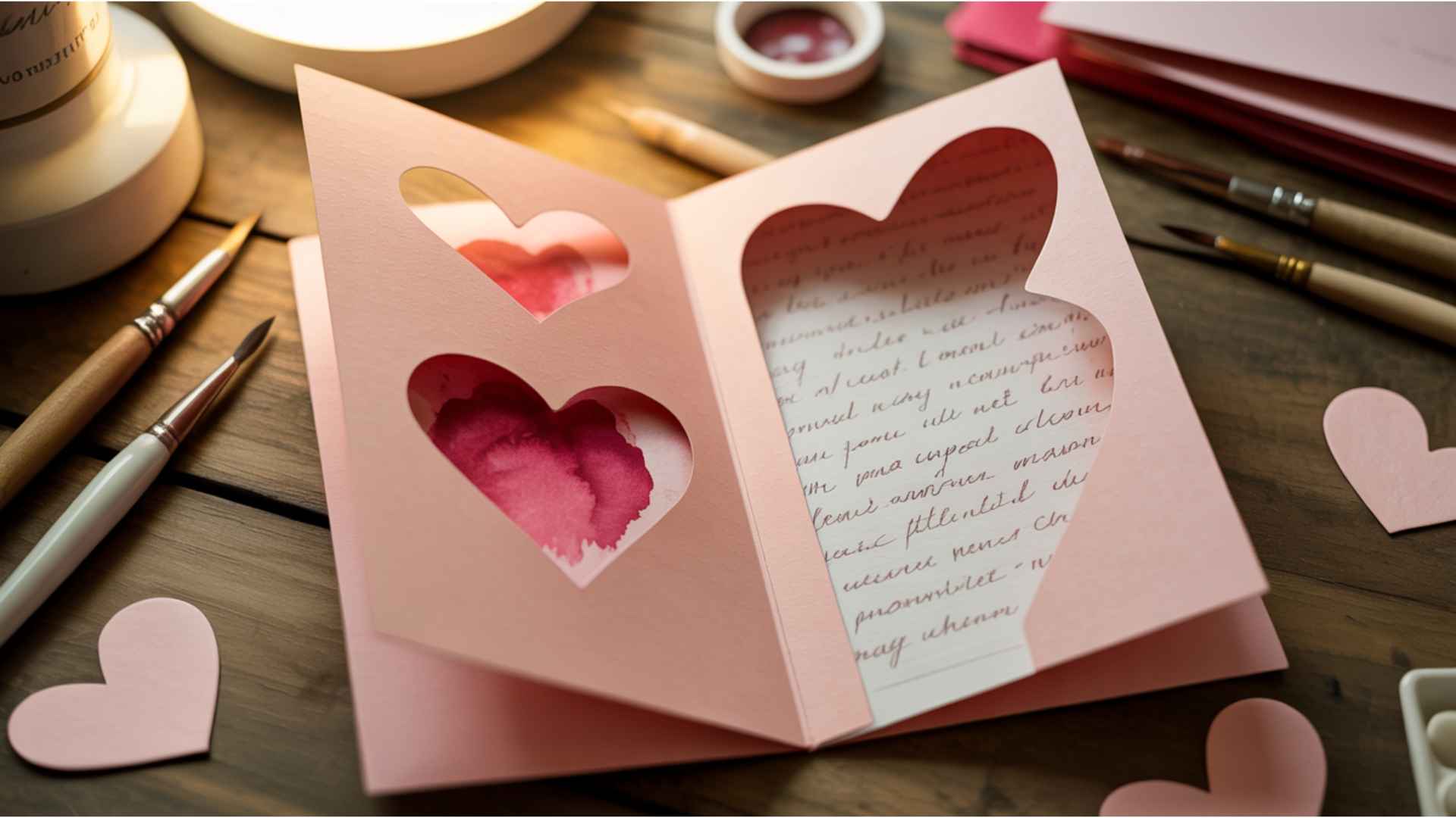 Handmade Valentine’s card with a folded handwritten note tucked inside for a personal touch.
