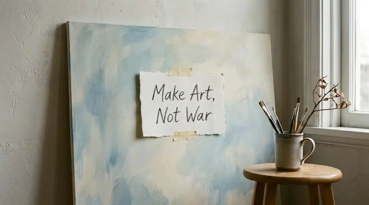 Canvas with a pasted handwritten note on a soft painted background, small brush nearby.