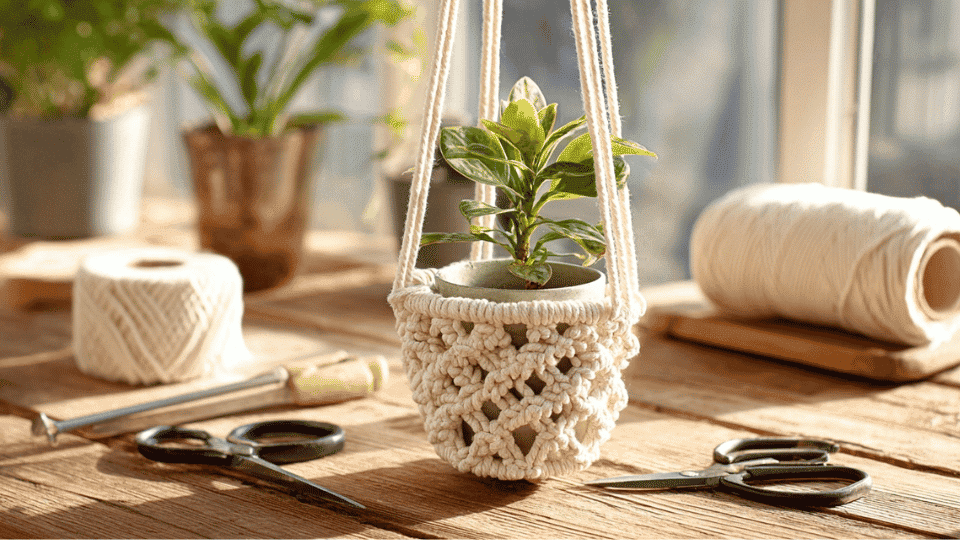 Macrame plant hanger on table with rope, scissors, and tools.