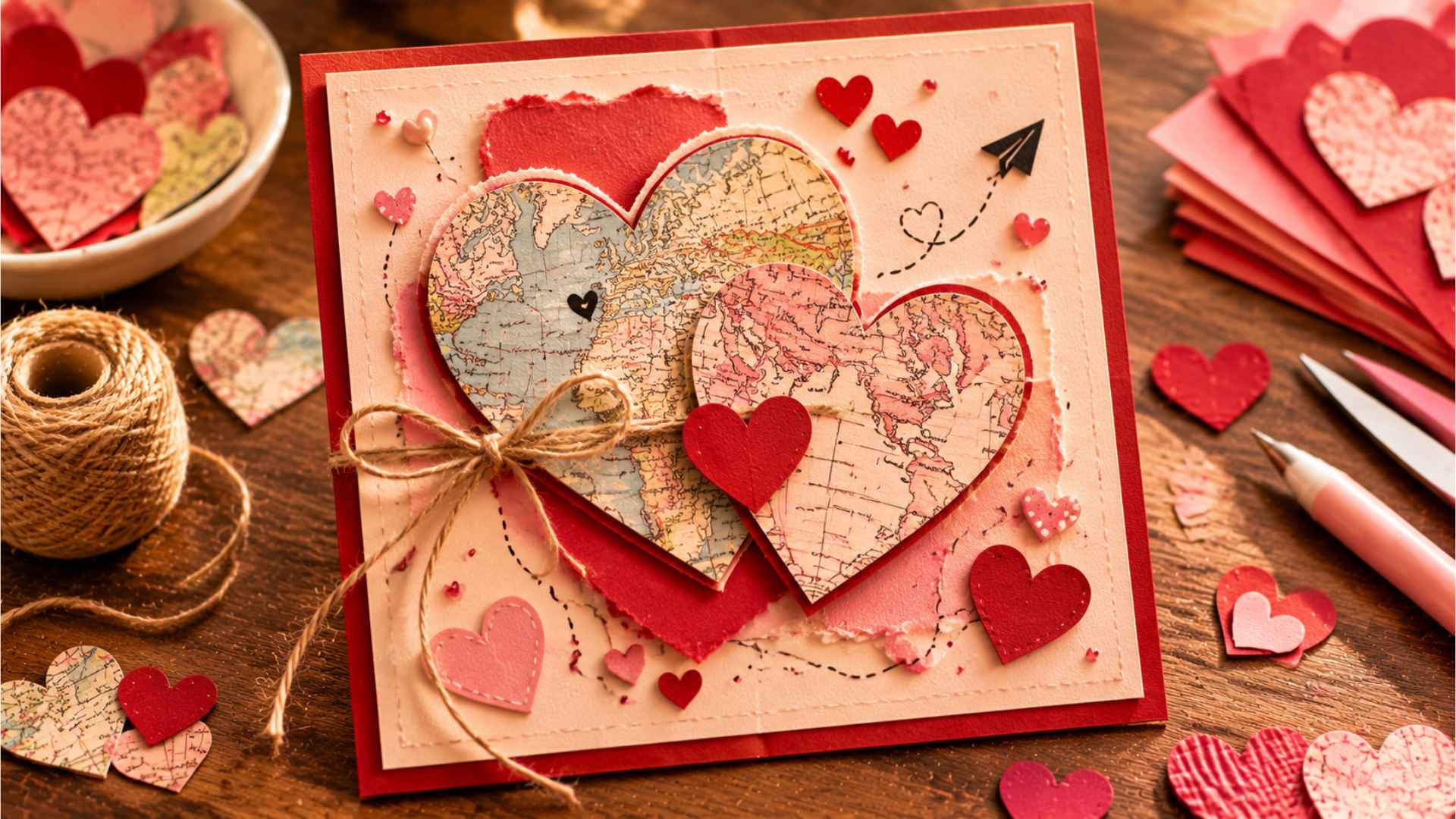 DIY Valentine’s card with heart shapes cut from old maps layered for a sentimental design.