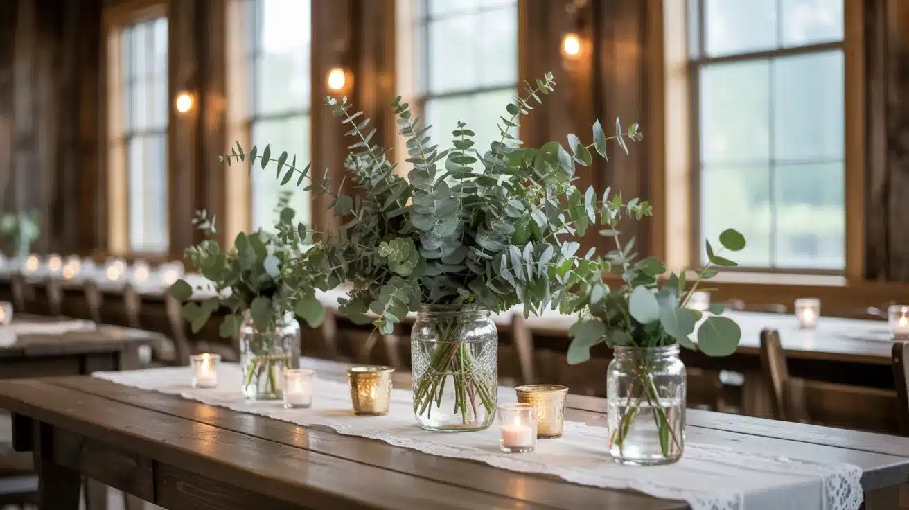 Mason jars filled with fresh eucalyptus stems