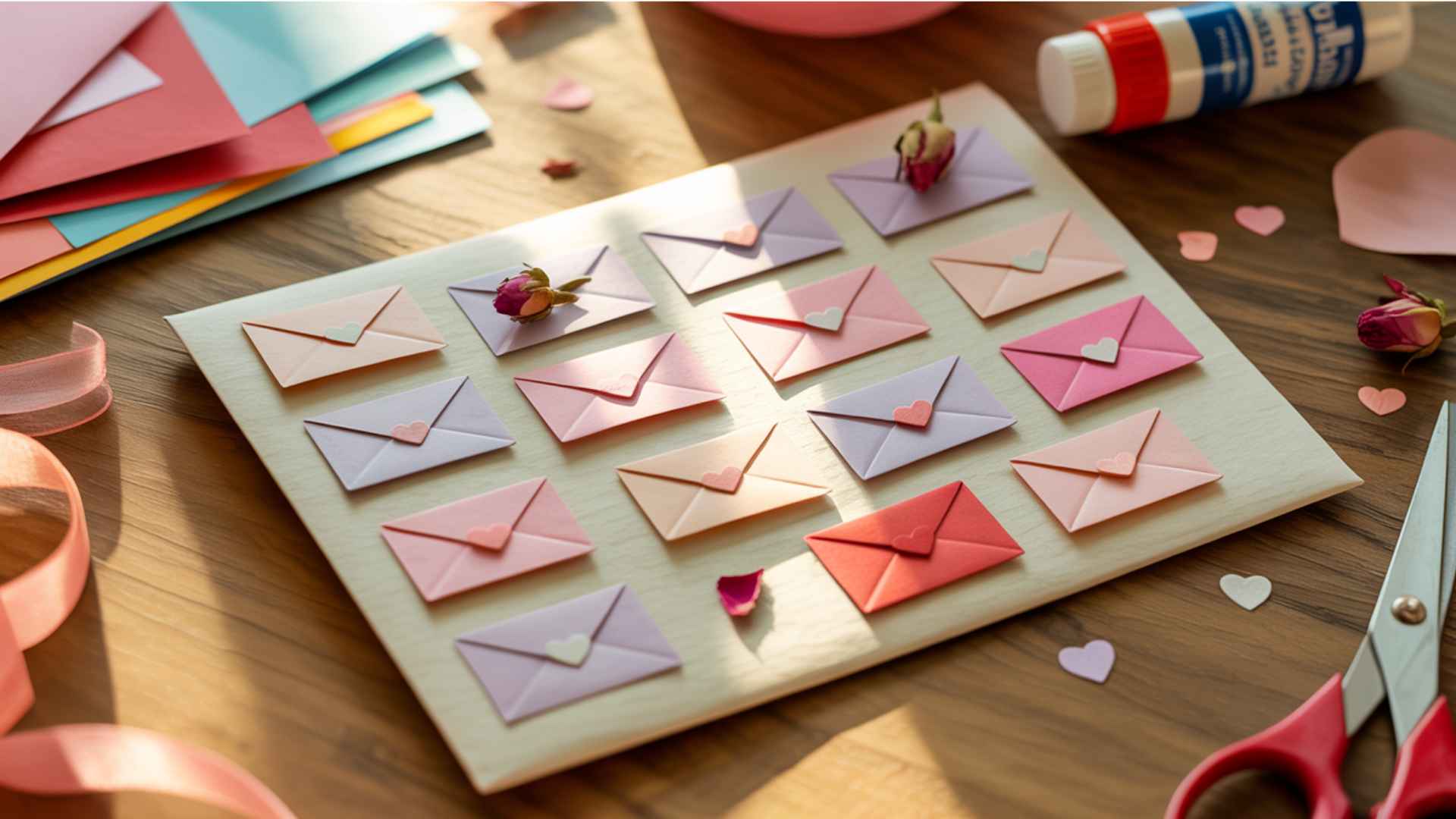 DIY Valentine’s card featuring small attached envelopes containing notes, petals, or confetti.