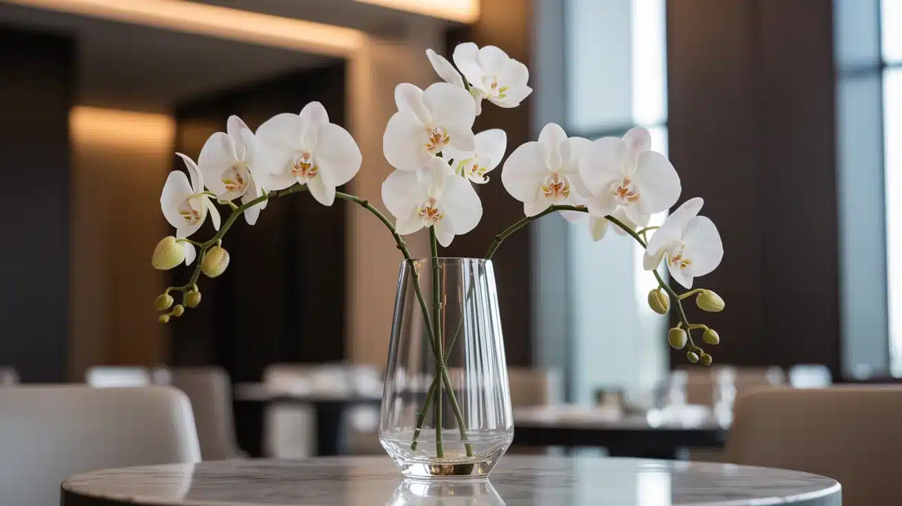 Minimalist orchid stems in tall glass vase