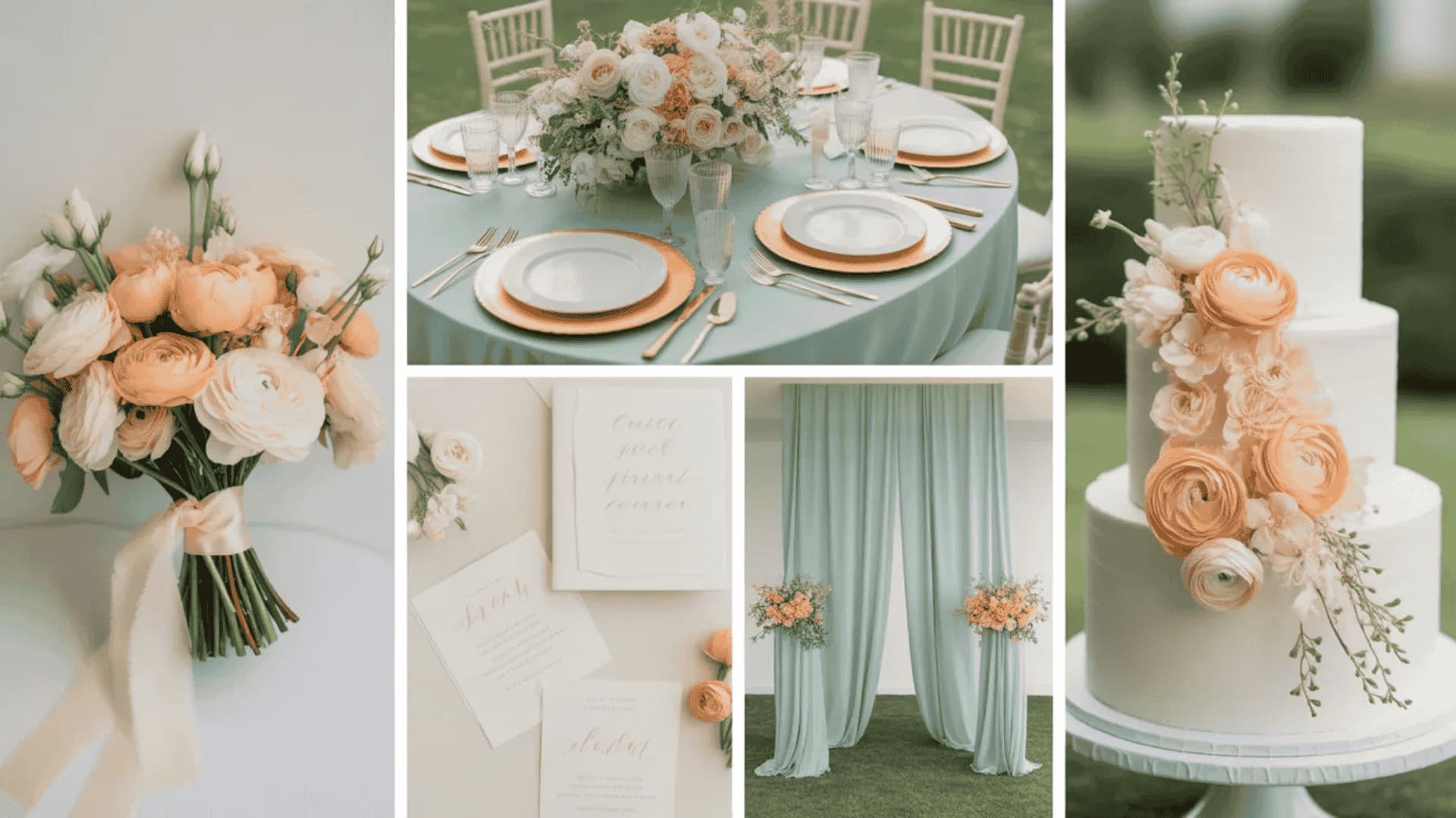 Mint green and peach wedding decor with florals, seating, and garden setup