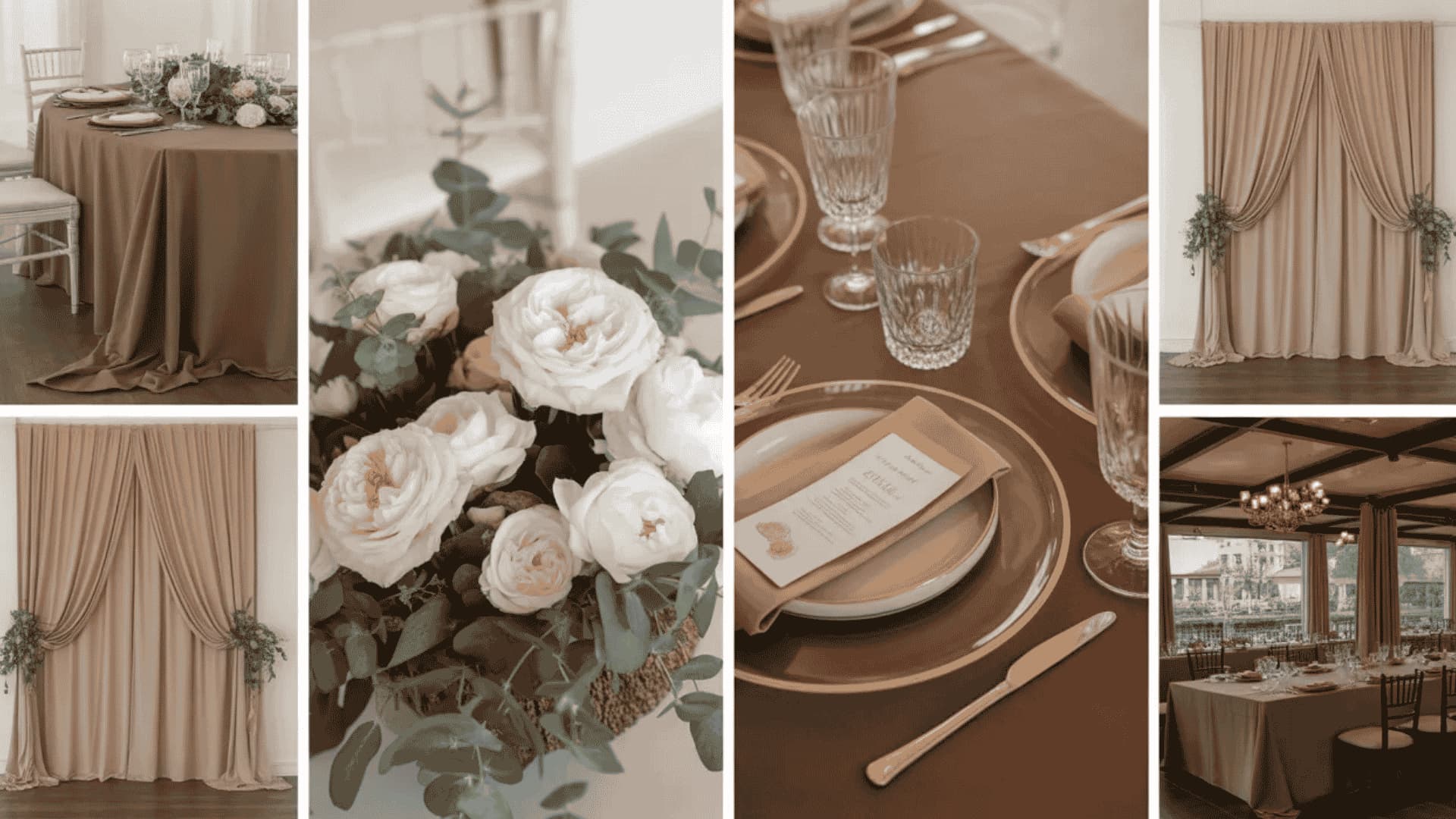 Mocha and cream wedding decor with soft florals, linens, and neutral styling