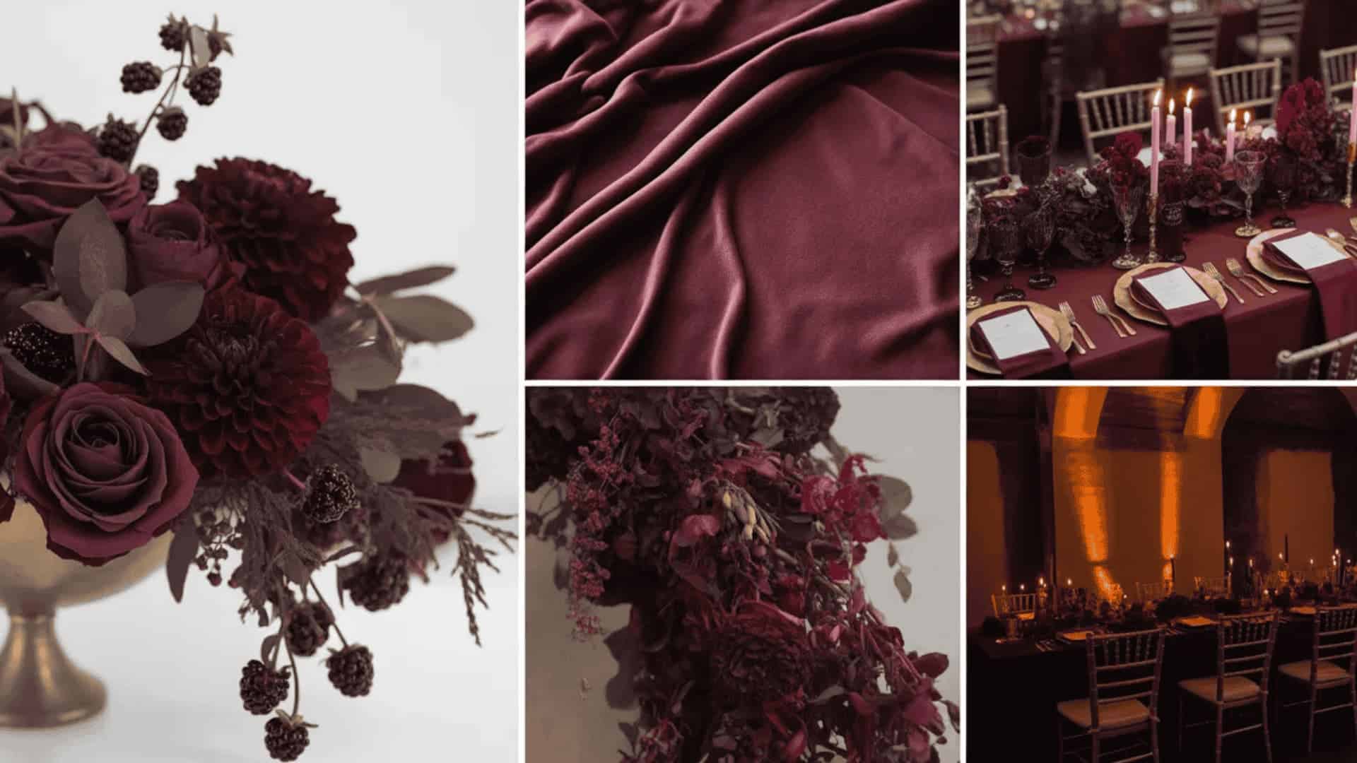 Moody berry wedding decor with deep florals, textures, and rich winter tones