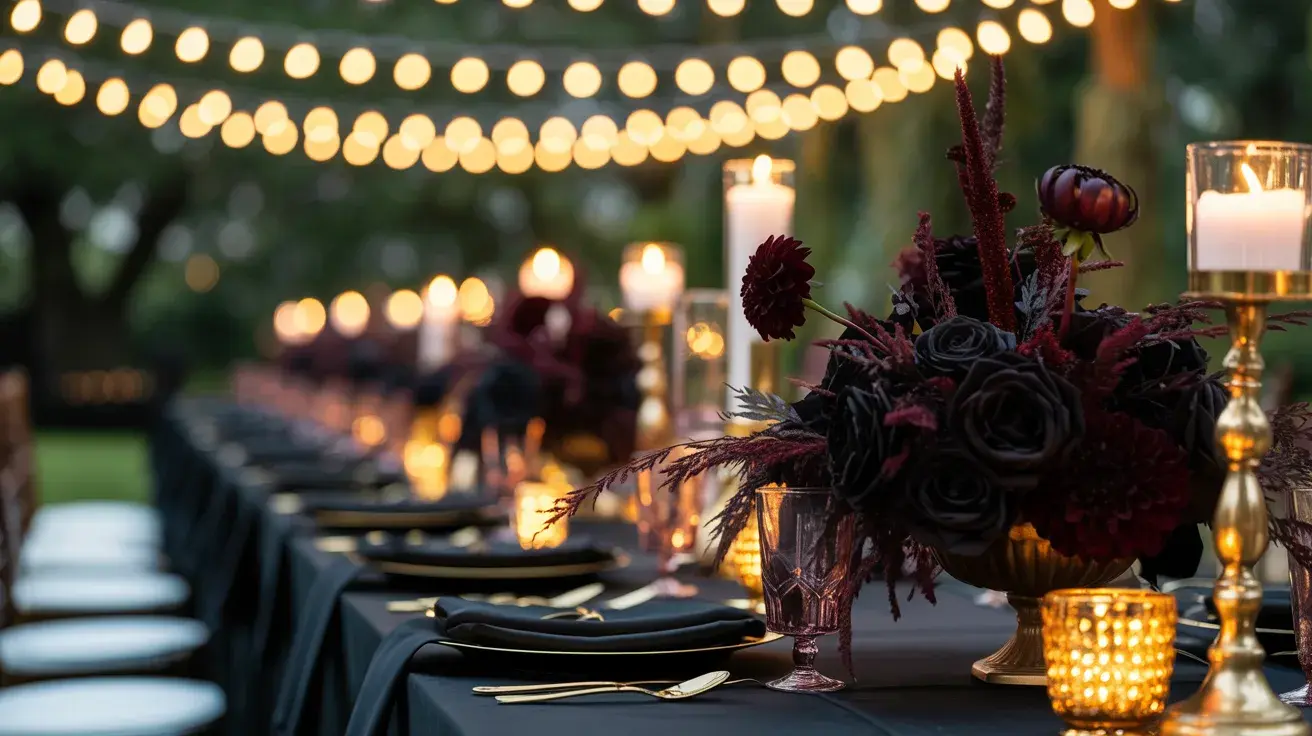 Moody outdoor table setting with black linens, deep plum florals