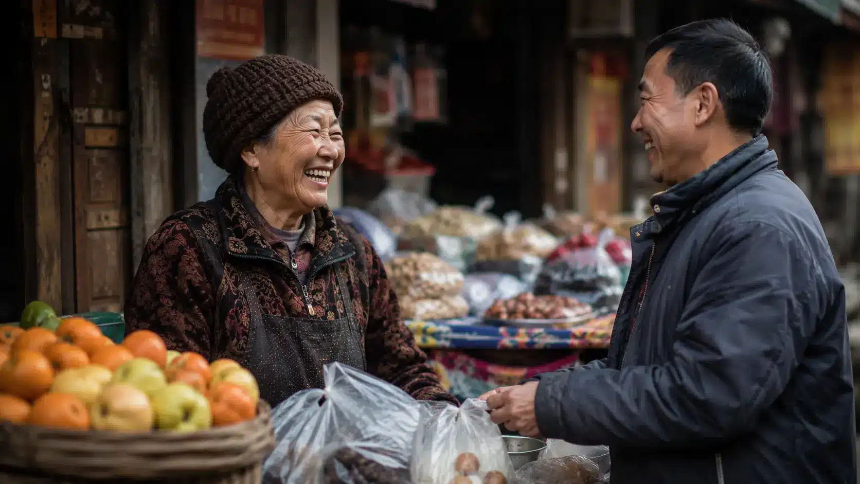 Natural candid moment of people interacting in a street market