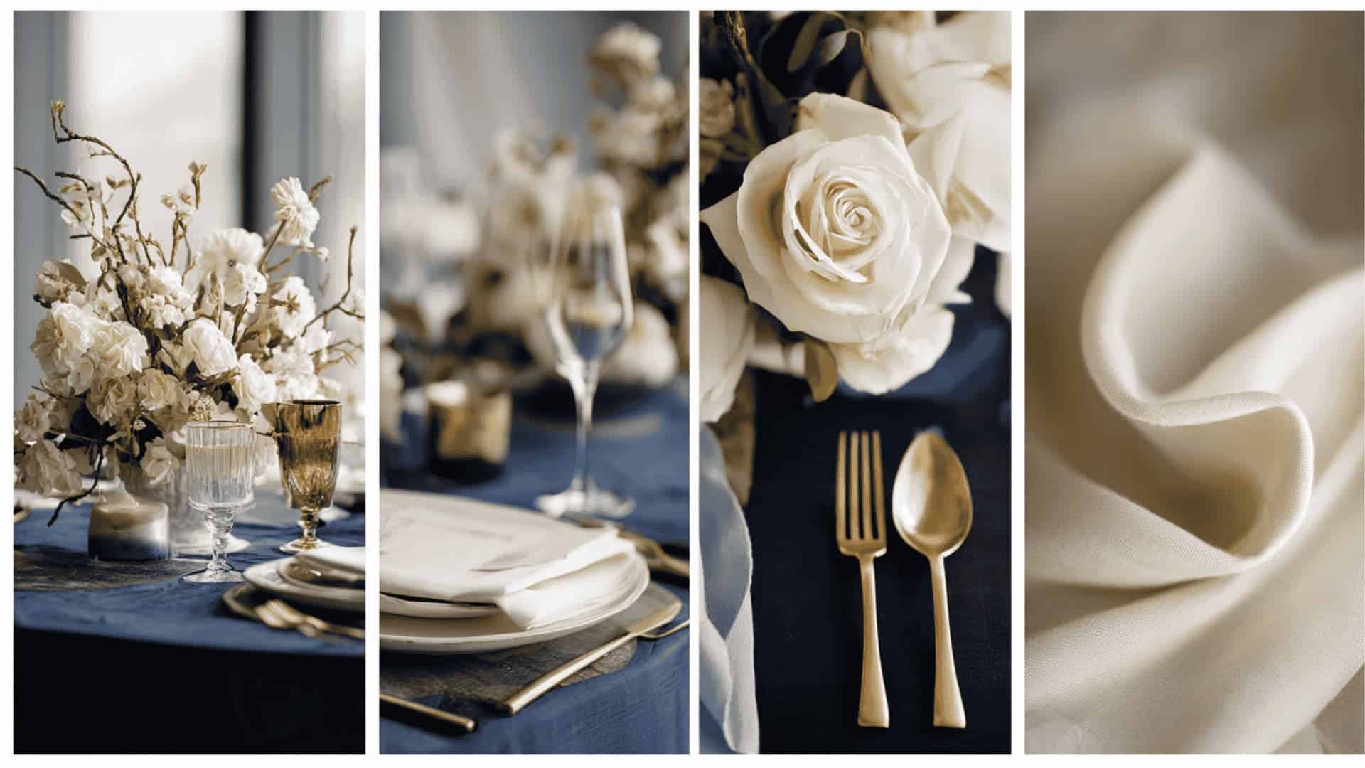 Navy and champagne wedding collage with soft elegant styling