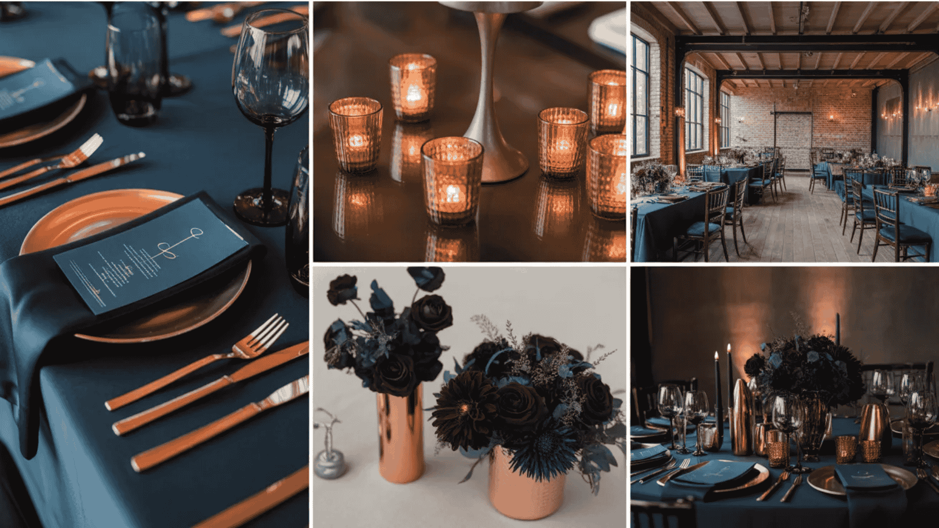 Navy and copper wedding decor with candles, table styling, and moody lighting