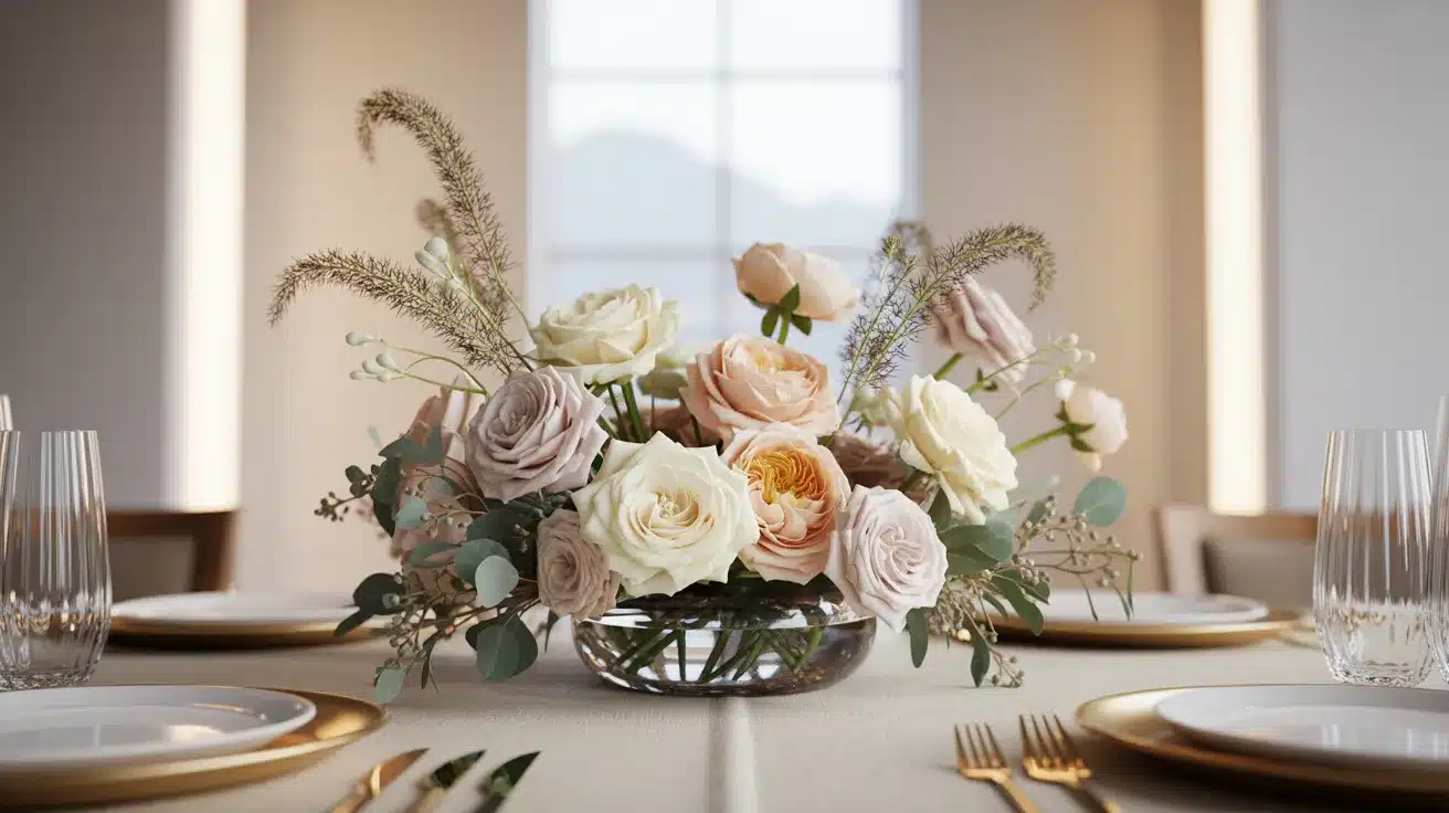 Neutral-tone floral centerpiece with soft blooms