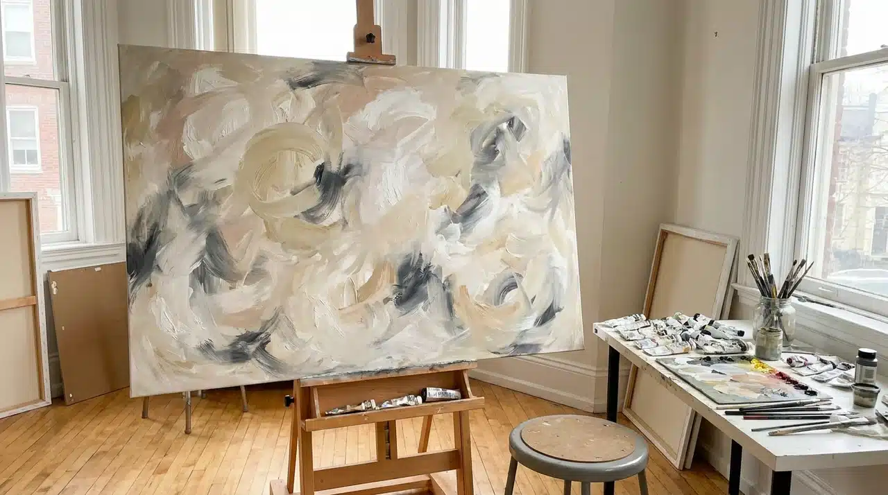 Large canvas with neutral tones of cream and gray in soft swirling abstract brushstrokes.