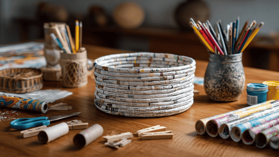 newspaper basket on table with paper tubes and glue.
