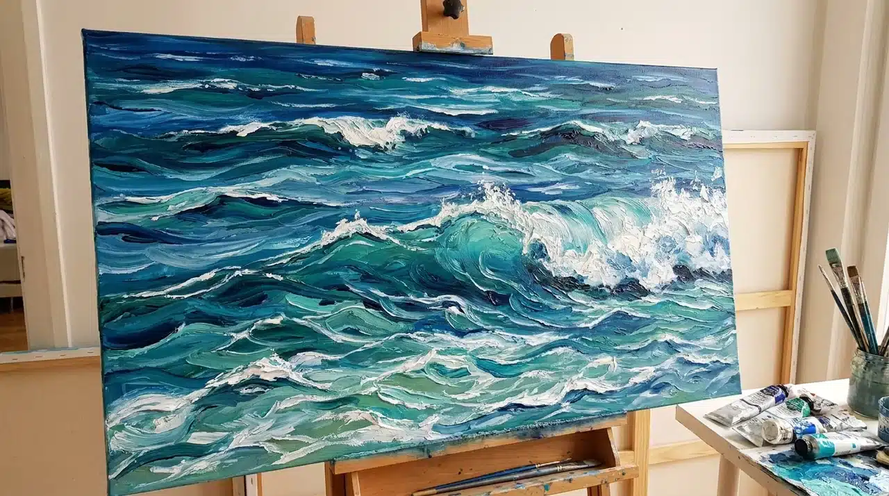 Canvas showing layered blue and green waves with white highlights, resembling a calm sea.