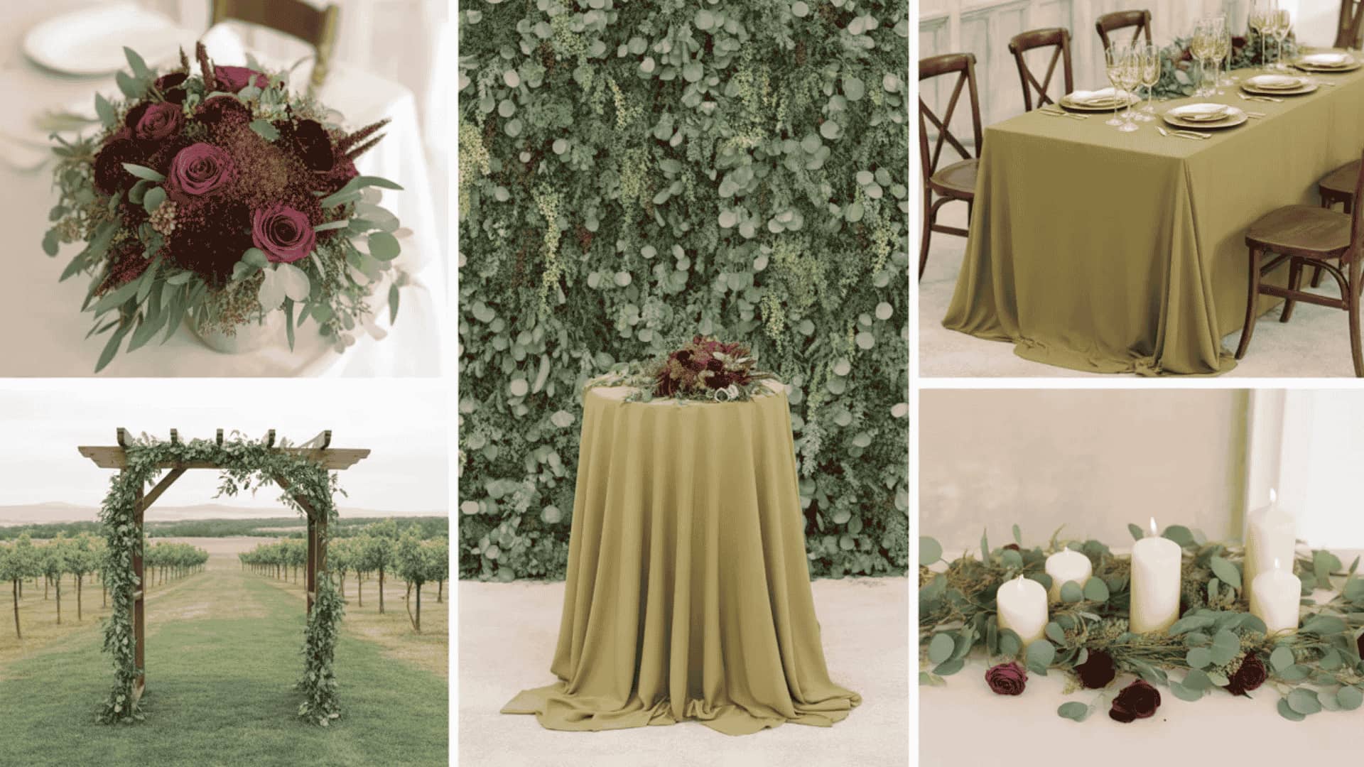 Olive green and marsala wedding decor with greenery and romantic setup