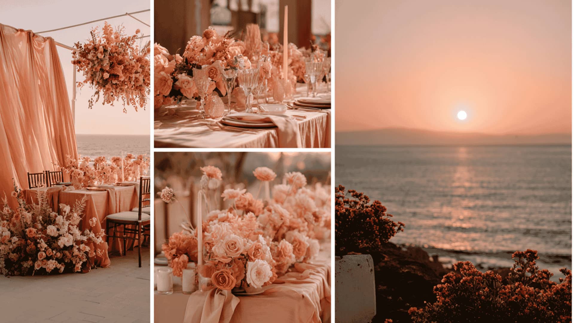 Orange coral and blush wedding decor with sunset tones and outdoor setting