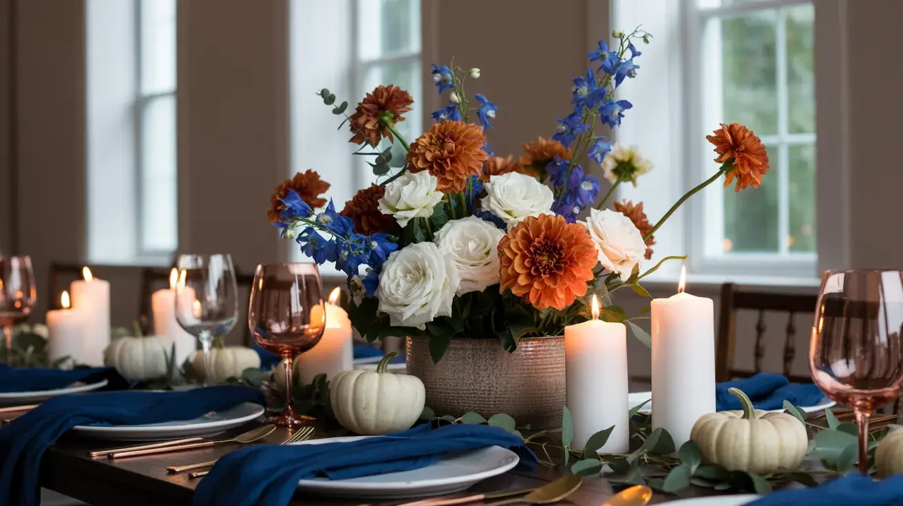 Orange, blue, and white florals, candles, and mini pumpkins on a richly styled indoor table