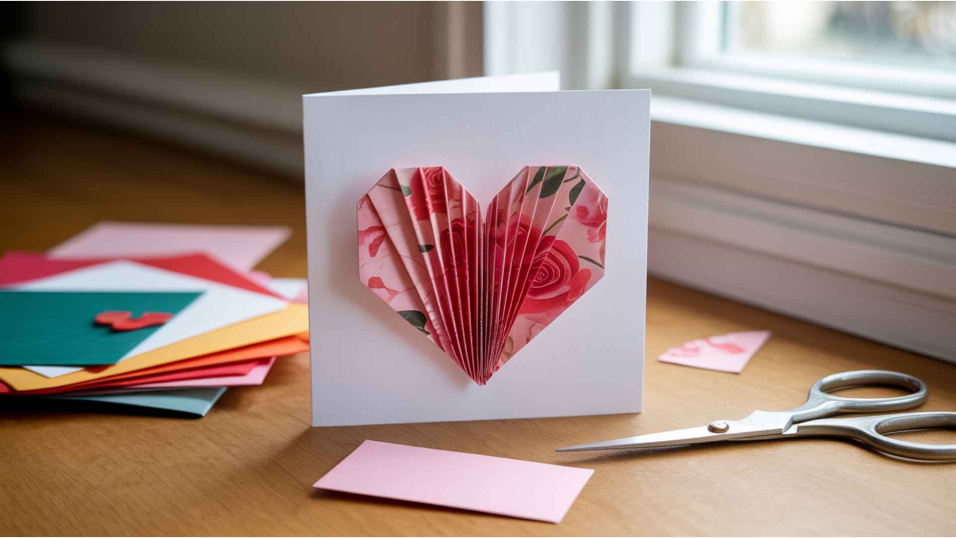 DIY Valentine’s card with a folded patterned origami heart mounted on plain cardstock base.