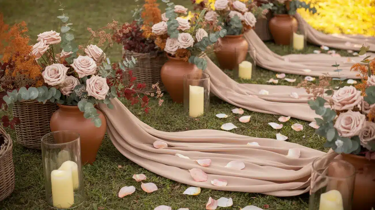 Outdoor aisle with soft beige drapery, blush roses, terracotta vases, and candlelight scattered with petals