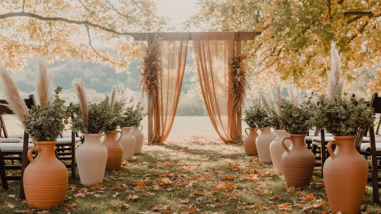 Outdoor autumn wedding ceremony setup with wooden arch, flowing drapes, and pampas grass arrangements by a lakeside