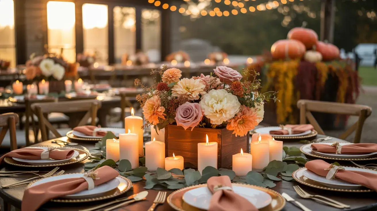 Outdoor fall table setting with blush florals, glowing candles, pumpkins, and string lights