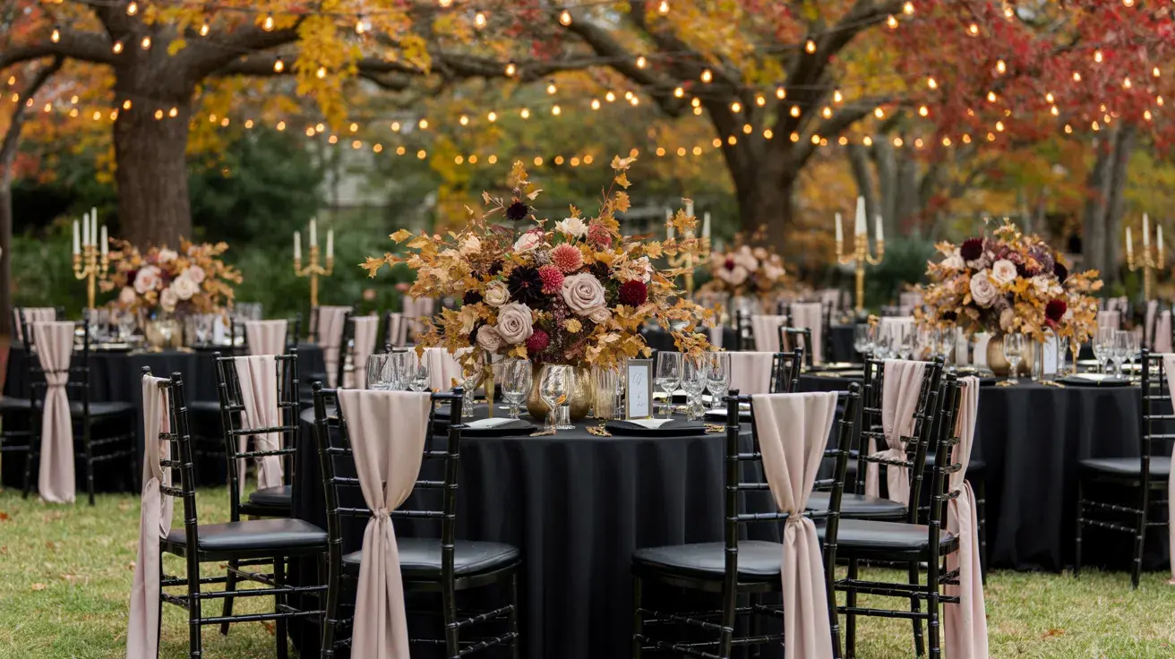 Outdoor reception with black table linens, blush chair drapes, autumn florals, and string lights