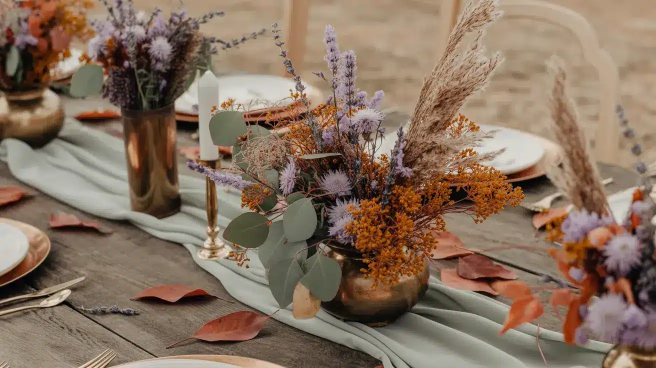 Outdoor table setting with dried florals, pampas grass, soft greenery, and muted linens