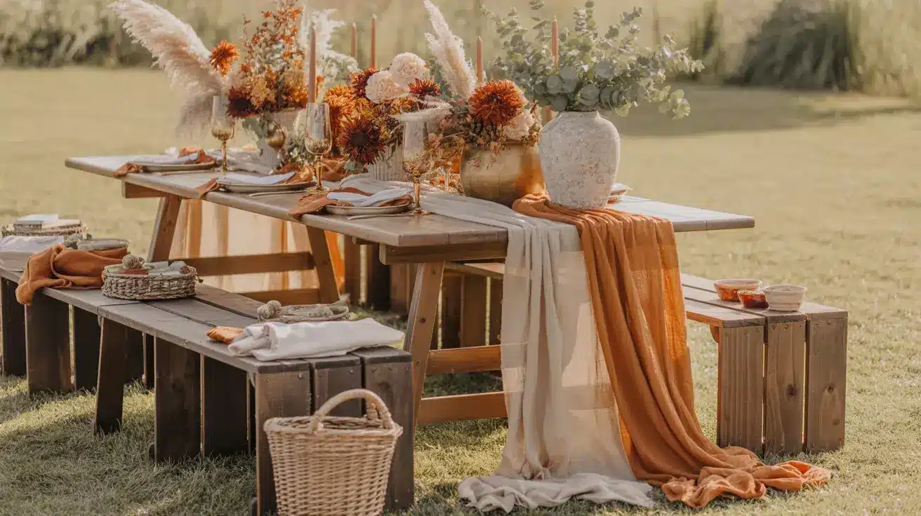 Outdoor wedding table styled with rust linens, beige tones, dried florals, and gold details
