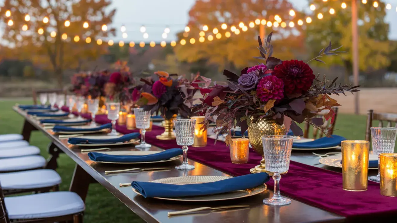 Outdoor wedding table with burgundy runner, vibrant florals, blue napkins, and glowing candles
