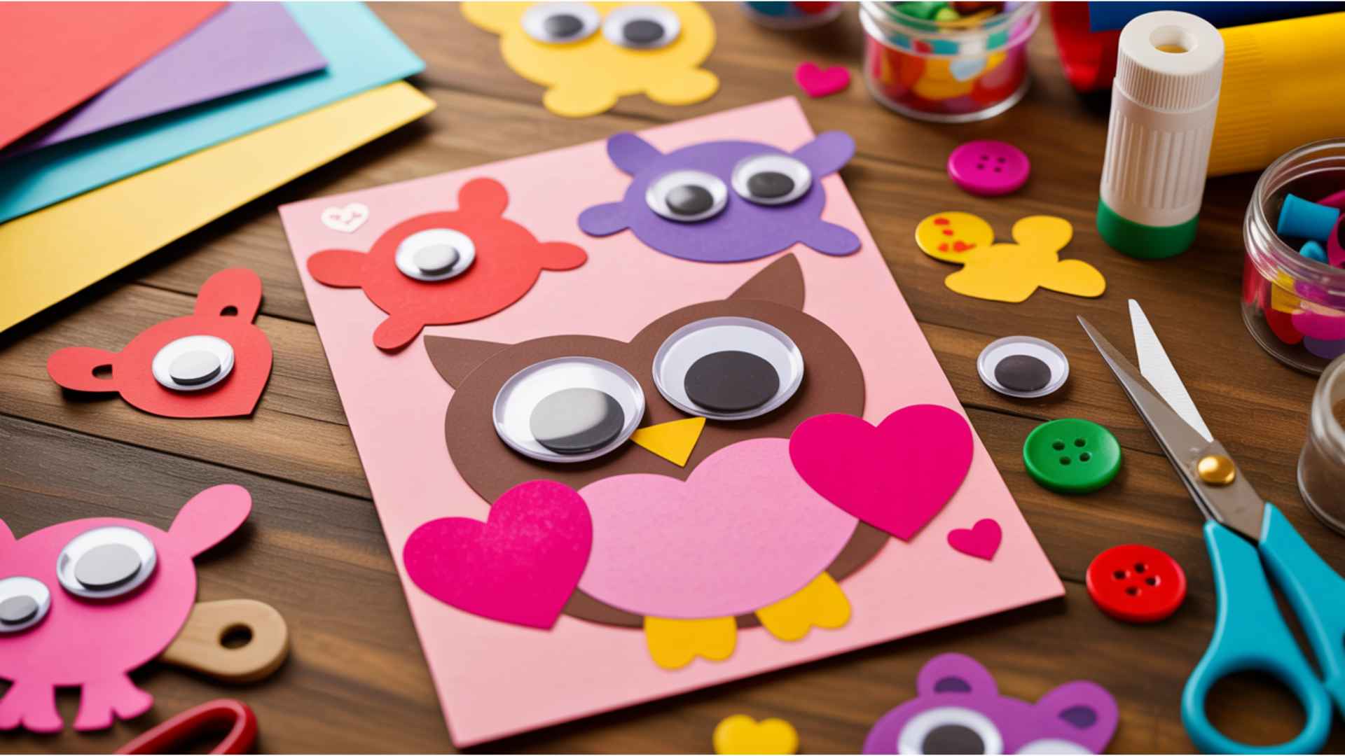 Kid-friendly Valentine’s cards featuring owl and animal shapes with googly eyes and colorful cutouts.