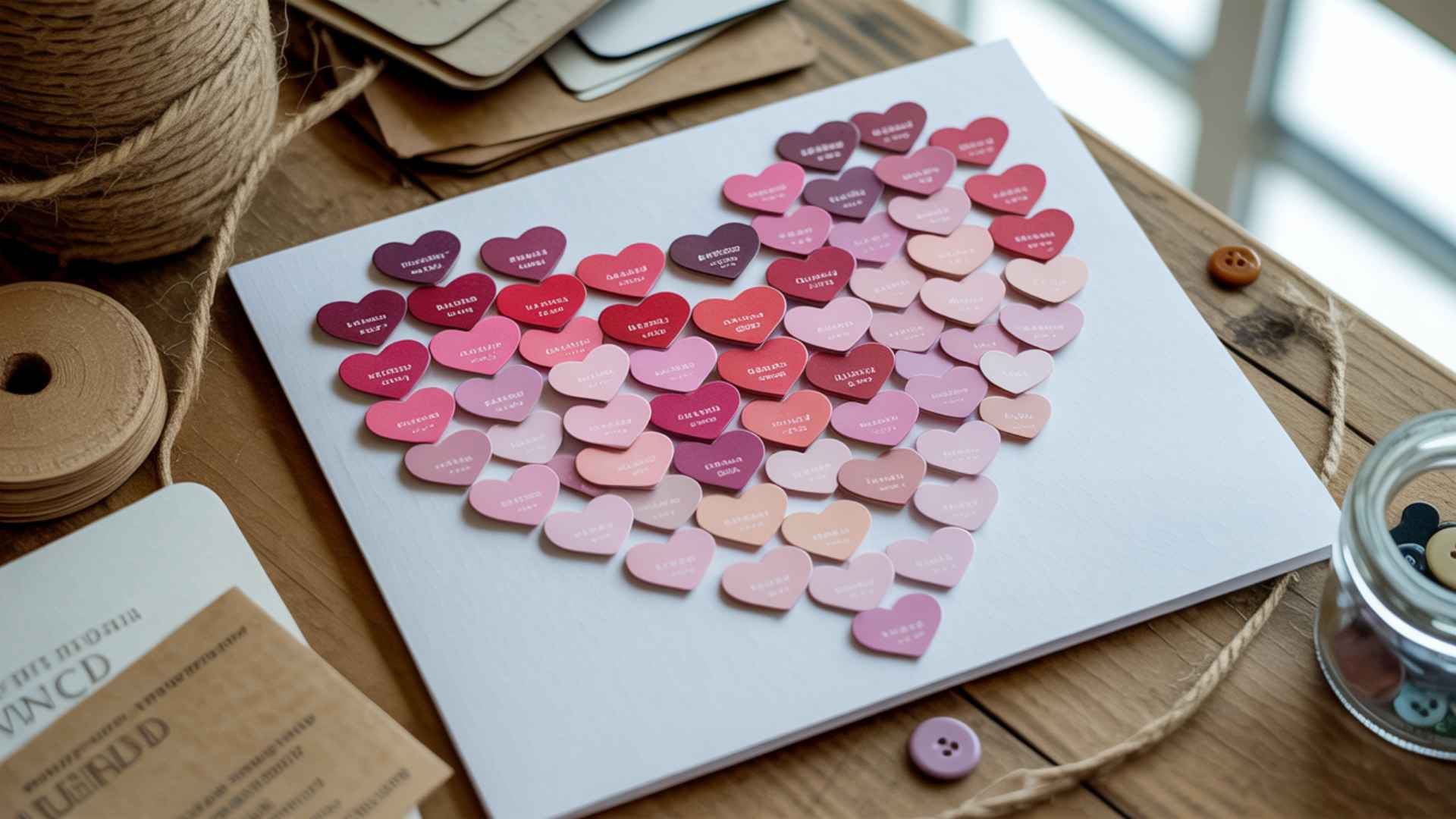 Handmade Valentine’s card using colorful paint chips cut into hearts in a rainbow or ombre pattern.