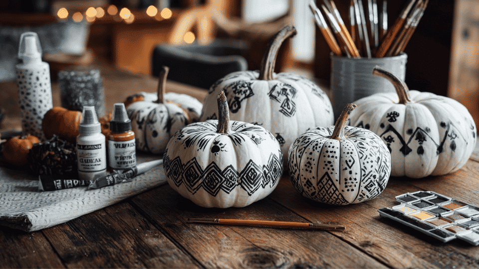 Painted Halloween pumpkins on table with brushes and paint.