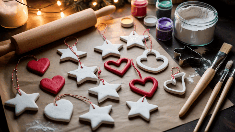 Painted salt dough ornaments on table with cutters and paint.