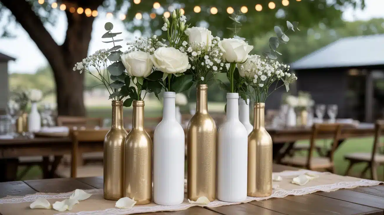 Spray-painted wine bottles with flower stems