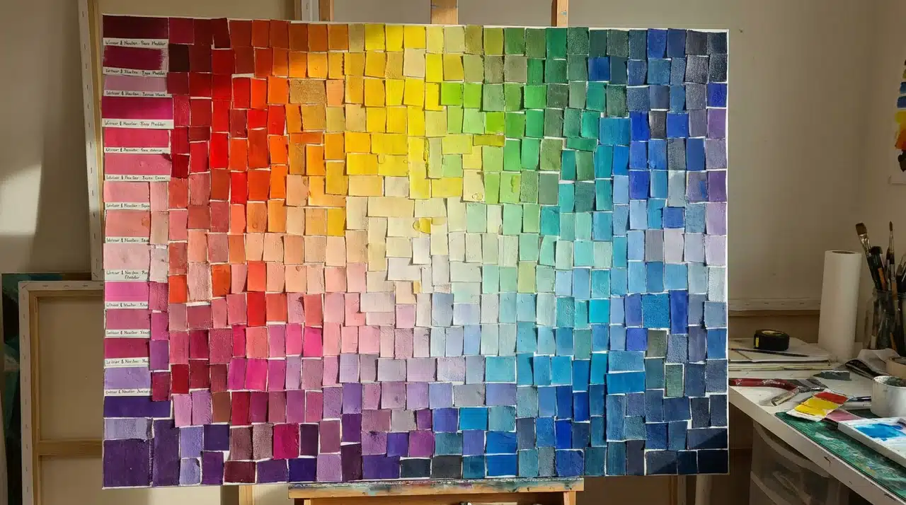 Canvas covered with arranged colorful paint swatches forming a gradient pattern.