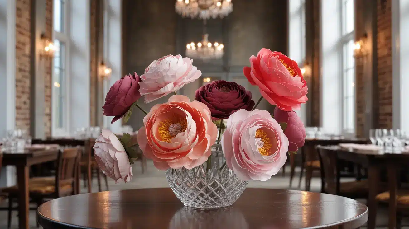 Paper flower arrangement in decorative vase