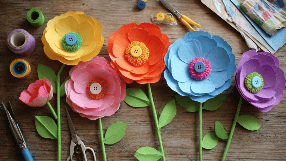 Paper flowers with button centers on table with glue and scissors.