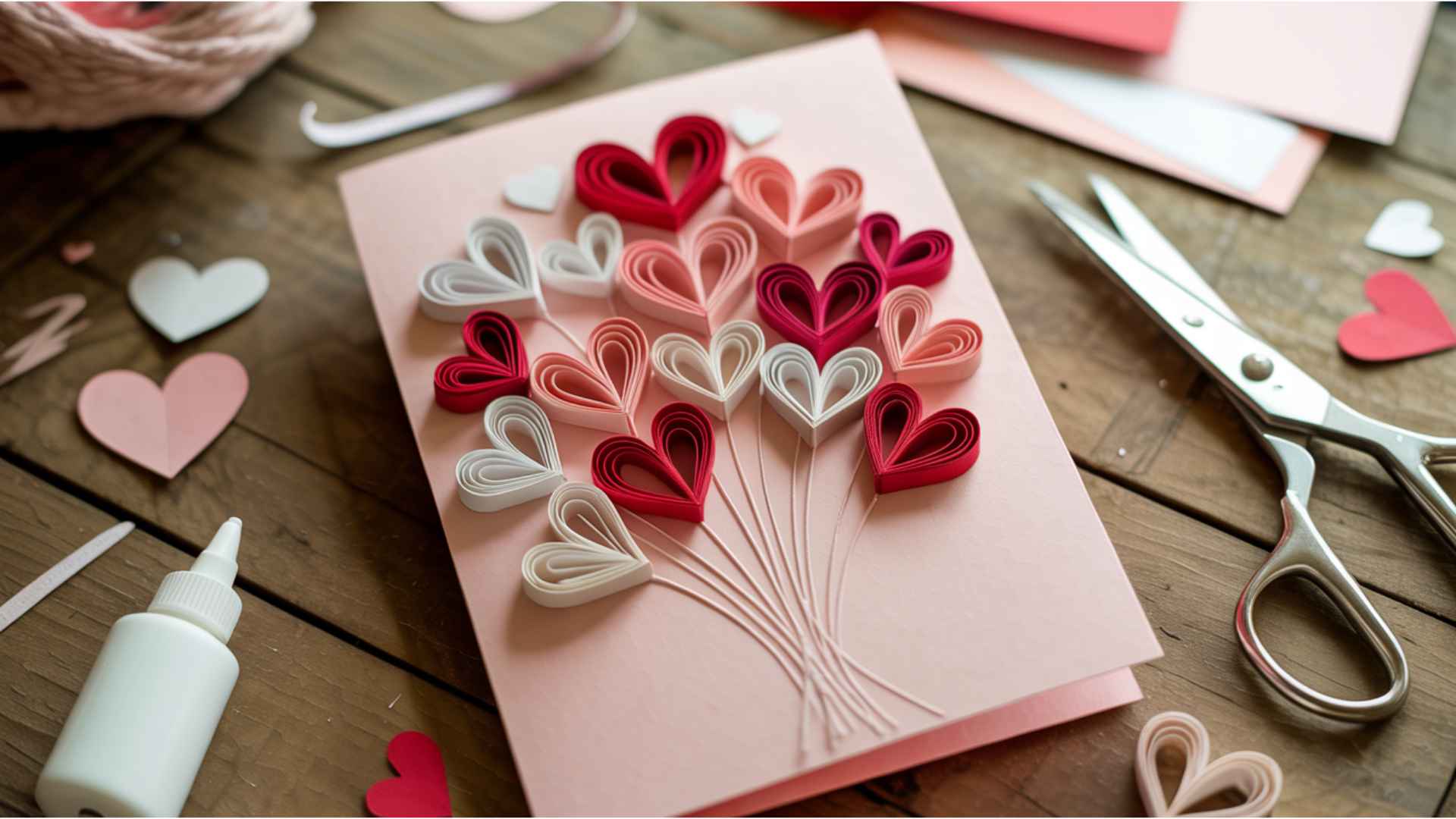 Handmade Valentine’s card with tiny curled paper hearts arranged like a bouquet inside.