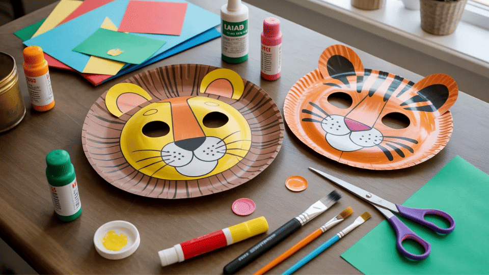 Paper plate lion and tiger masks on table with paint, glue, and scissors.