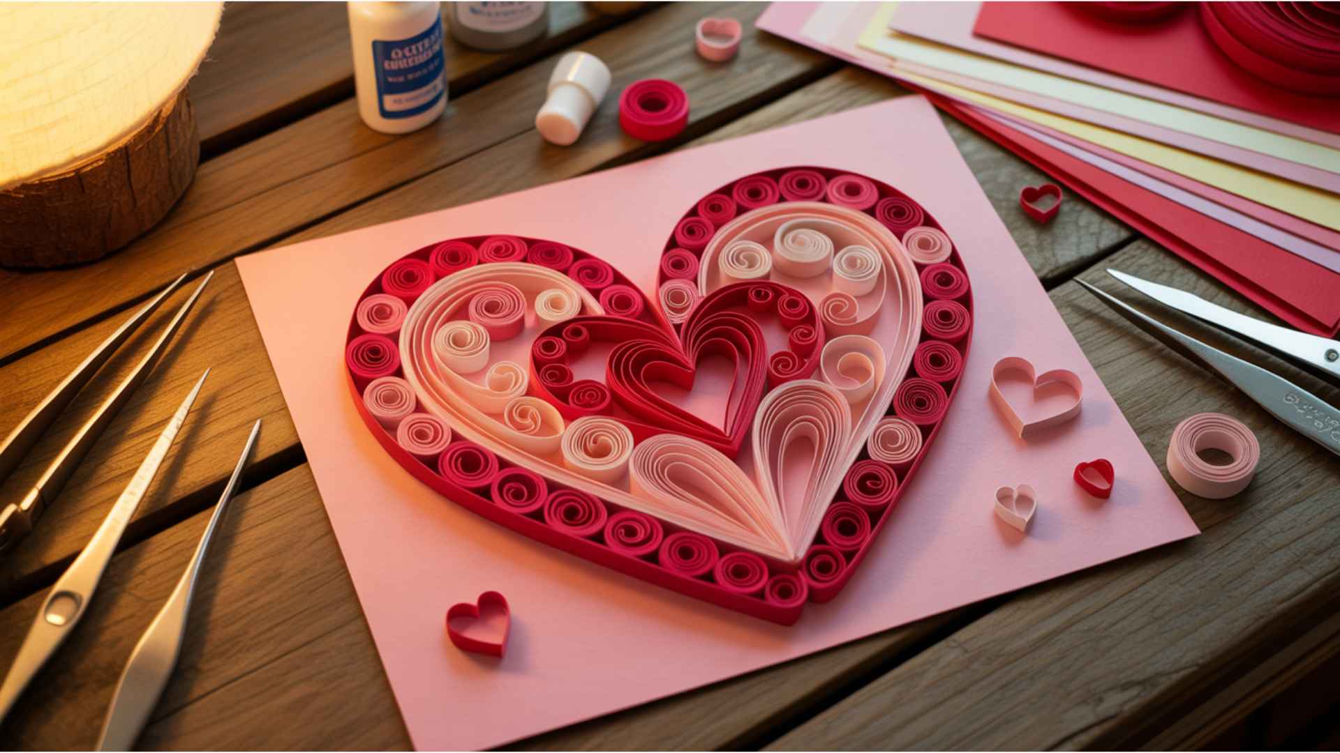 DIY Valentine’s card featuring rolled strips of paper arranged into spirals and heart designs.