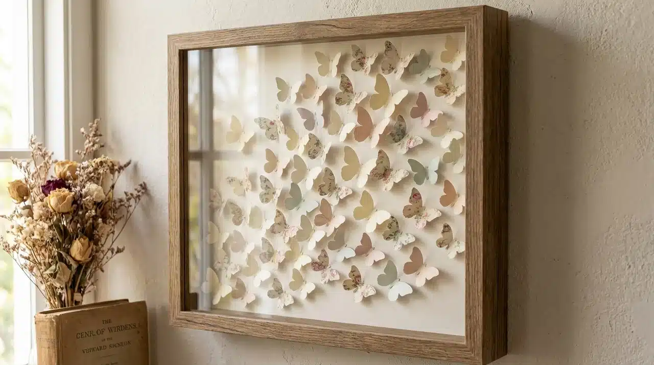Framed canvas with 3D paper butterflies arranged to appear floating in a wall display.