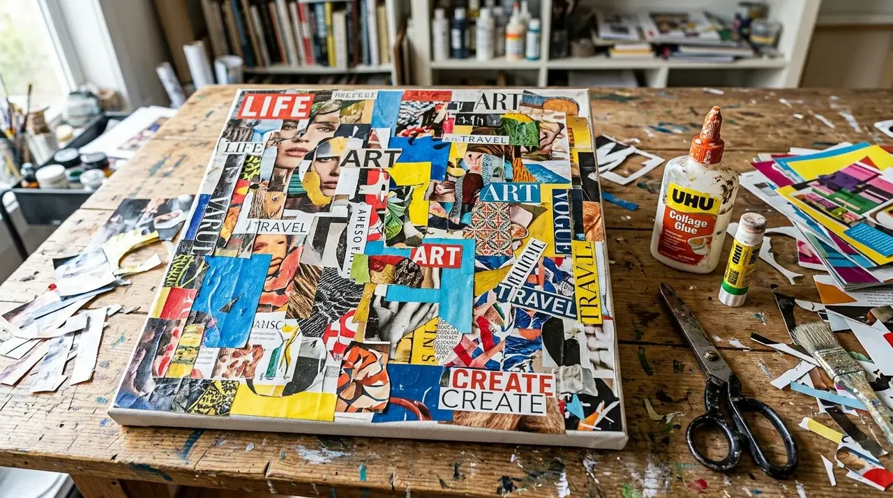 Canvas covered with layered magazine cutouts and colored papers forming abstract shapes.