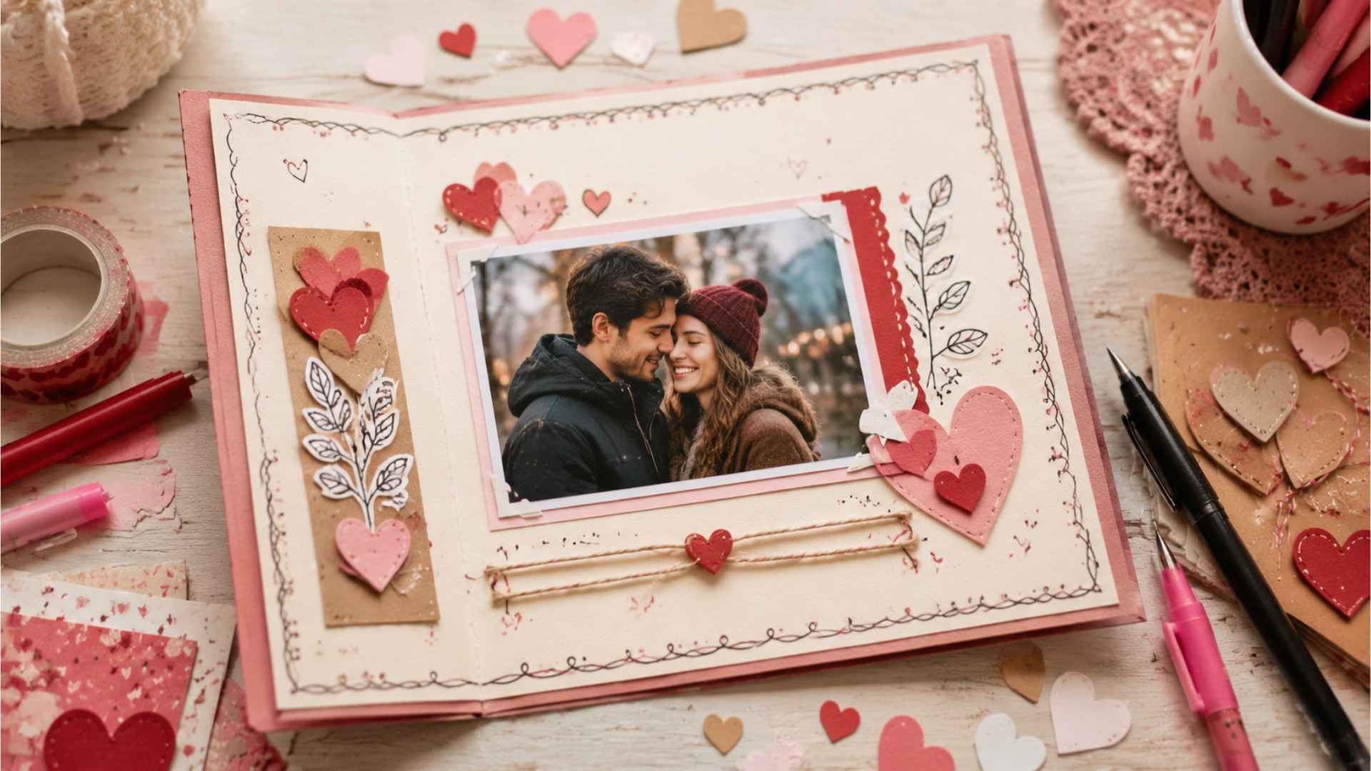 DIY Valentine’s card with a favorite photo attached and decorated with handwritten notes and borders.