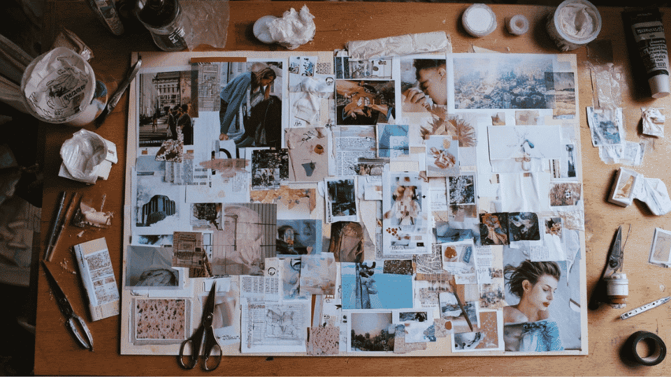 Photo wall collage on table with tape and scissors.