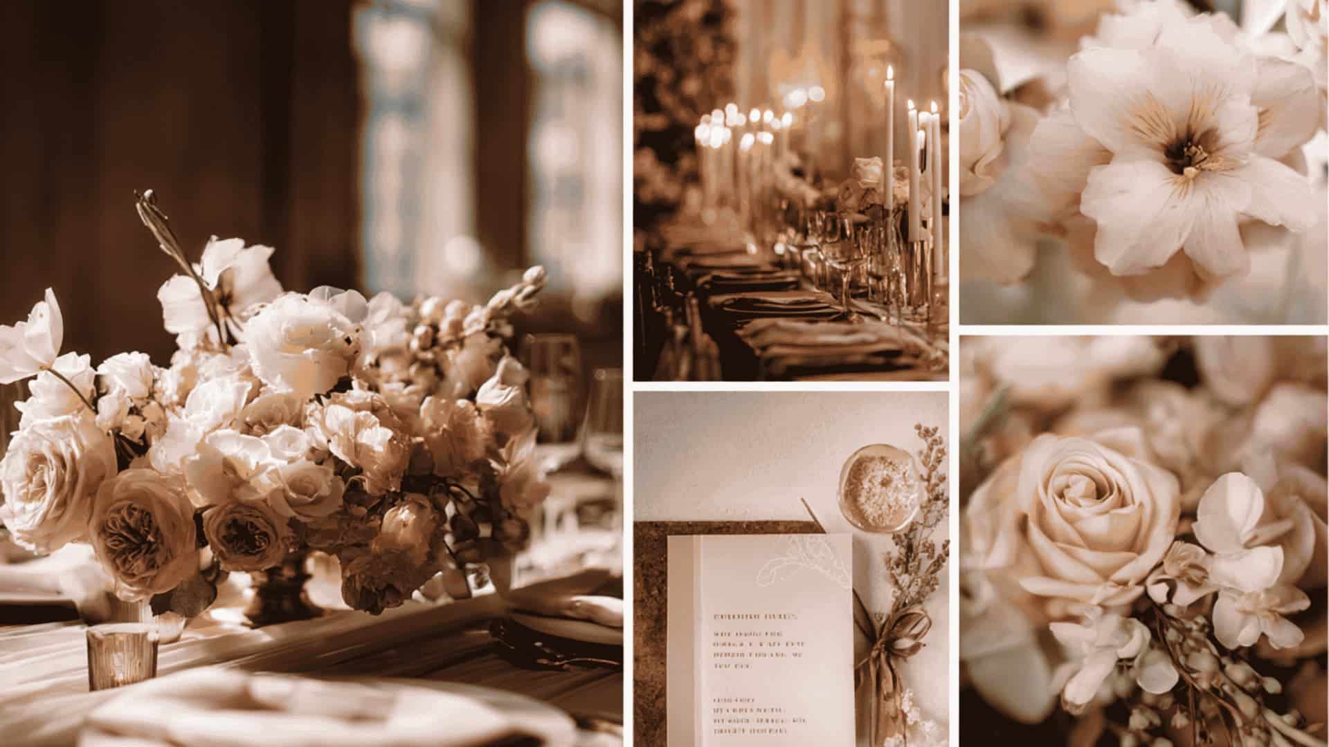 Pink and brown wedding decor with soft flowers, fabric details, and warm styling